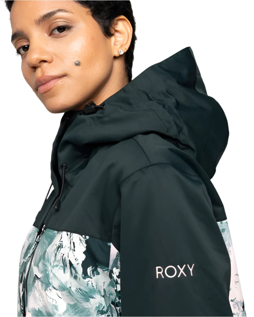 Roxy Women's Jetty 3 In 1 Jacket 2025 - A black jacket with a white and green abstract pattern on the lower portion of the sleeve.