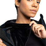 Roxy Women's Jetty 3 In 1 Jacket - A black jacket with a zippered front and two pockets on either side, featuring a hood and a fur-lined collar.