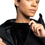 Roxy Women's Jetty 3 In 1 Jacket - A black jacket with a zippered front and two pockets on either side, featuring a hood and a fur-lined collar.