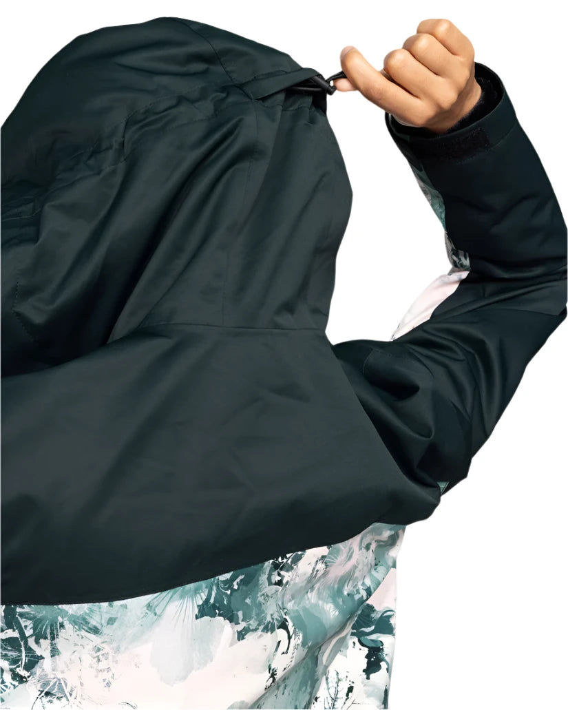 Roxy Women's Jetty 3 In 1 Jacket 2025 - A black jacket with a hood, featuring a zippered pocket on the left chest and a drawstring at the waist.
