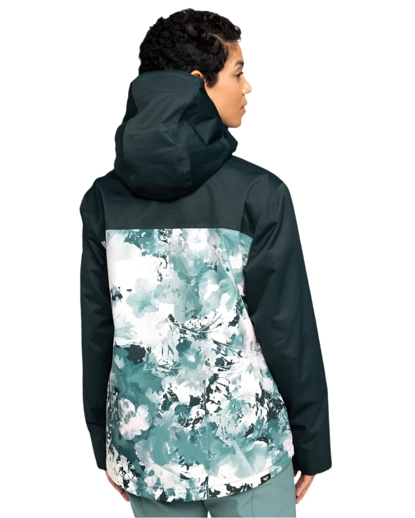 Roxy Women's Jetty 3 In 1 Jacket - A dark green jacket with a white and light blue floral pattern on the back, featuring a hood and zippered pockets.