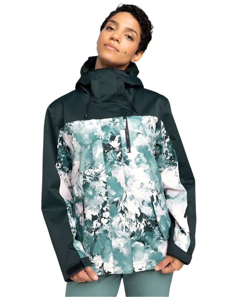 Roxy Women's Jetty 3 In 1 Jacket - A dark green and white jacket with a floral pattern on the front, featuring a hood and zip closure.