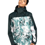 Roxy Women's Jetty 3 In 1 Jacket - A dark green and white jacket with a floral pattern on the front, featuring a hood and zip closure.