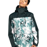 Roxy Women's Jetty 3 In 1 Jacket - A dark green and white jacket with a floral pattern on the front, featuring a hood and zip closure.