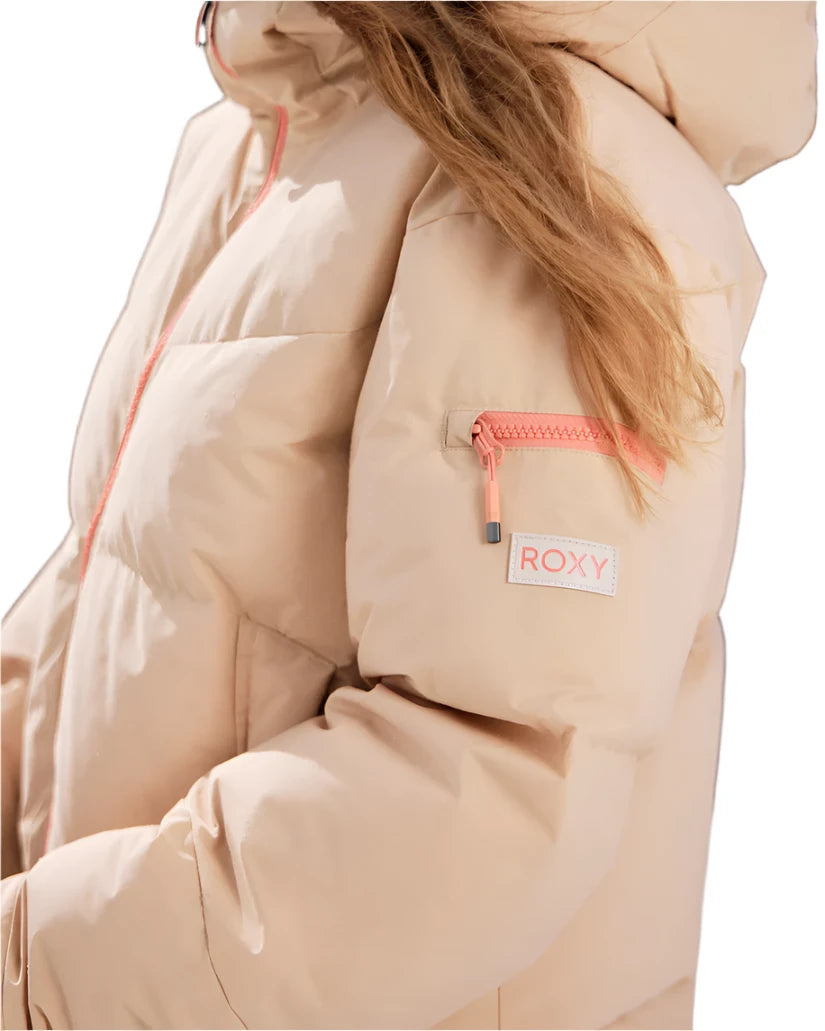 Roxy Women's Alofted Puffy Insulated Jacket 2025 - A cream-colored puffer jacket with a zippered pocket on the upper arm and a hood.