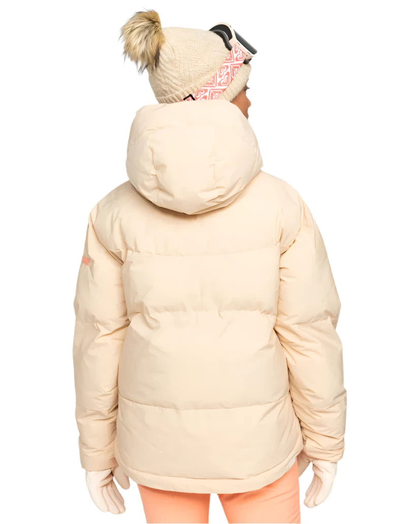 Roxy Women's Alofted Puffy Insulated Jacket - A cream-colored puffer jacket with a hood, featuring a pink logo on the left sleeve.
