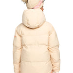 Roxy Women's Alofted Puffy Insulated Jacket - A cream-colored puffer jacket with a hood, featuring a pink logo on the left sleeve.