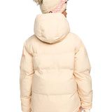 Roxy Women's Alofted Puffy Insulated Jacket - A cream-colored puffer jacket with a hood, featuring a pink logo on the left sleeve.