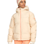 Roxy Women's Alofted Puffy Insulated Jacket - A cream-colored puffer jacket with a hood and zippered front, featuring a small logo on the left sleeve.