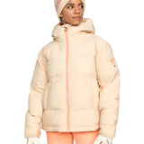 Roxy Women's Alofted Puffy Insulated Jacket - A cream-colored puffer jacket with a hood and zippered front, featuring a small logo on the left sleeve.