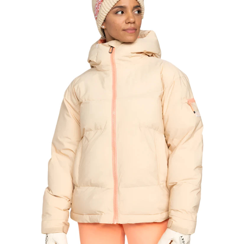 Roxy Women's Alofted Puffy Insulated Jacket - A cream-colored puffer jacket with a hood and zippered front, featuring a small logo on the left sleeve.