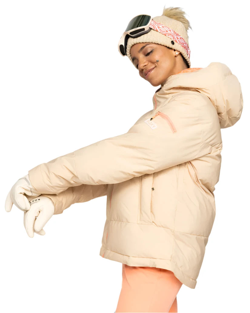 Roxy Women's Alofted Puffy Insulated Jacket - A cream-colored puffer jacket with a hood and zippered pockets.