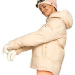 Roxy Women's Alofted Puffy Insulated Jacket - A cream-colored puffer jacket with a hood and zippered pockets.