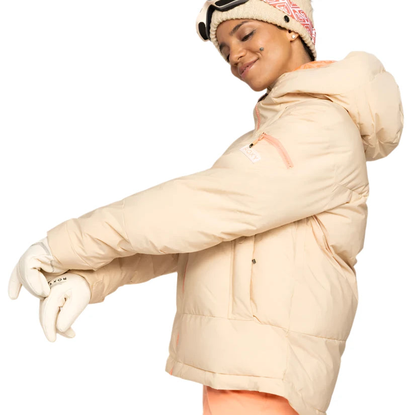 Roxy Women's Alofted Puffy Insulated Jacket - A cream-colored puffer jacket with a hood and zippered pockets.