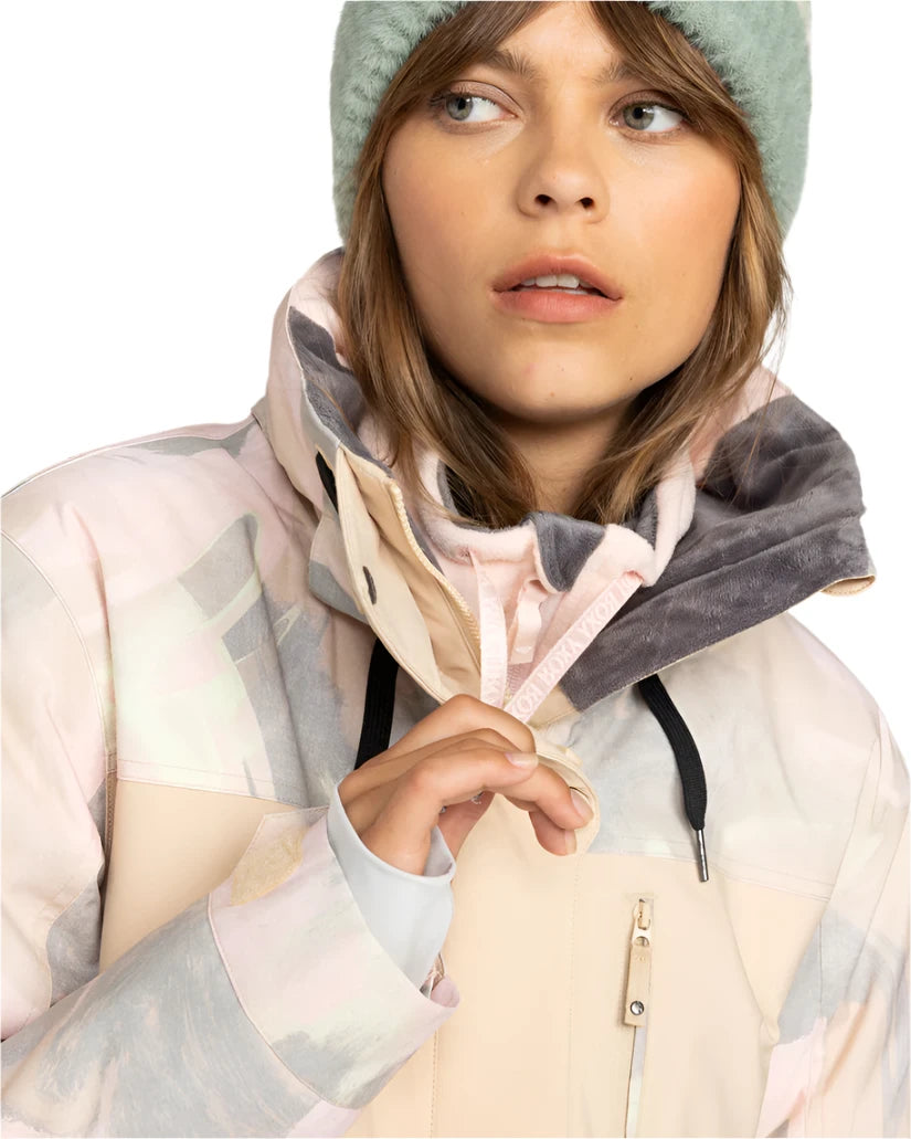 Roxy Women's Dawnrae Parka Jacket 2025 - A pastel pink jacket with a hood and zipper closure.