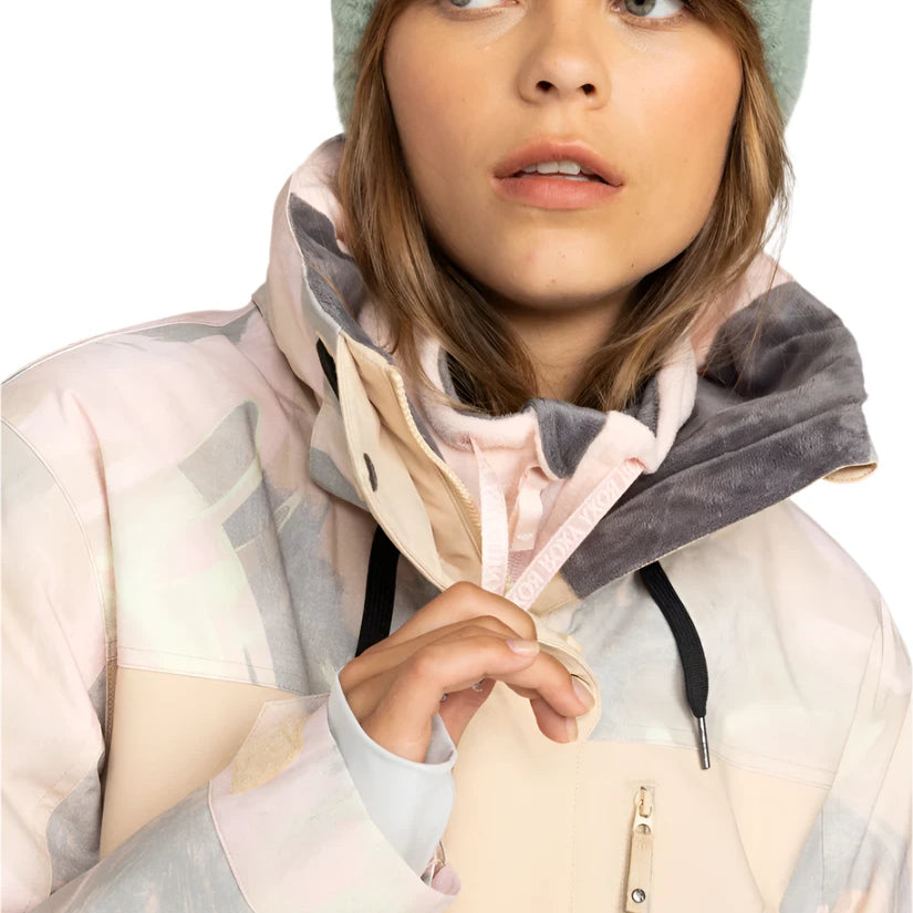 Roxy Women's Dawnrae Parka Jacket 2025 - A pastel pink jacket with a hood and zipper closure.