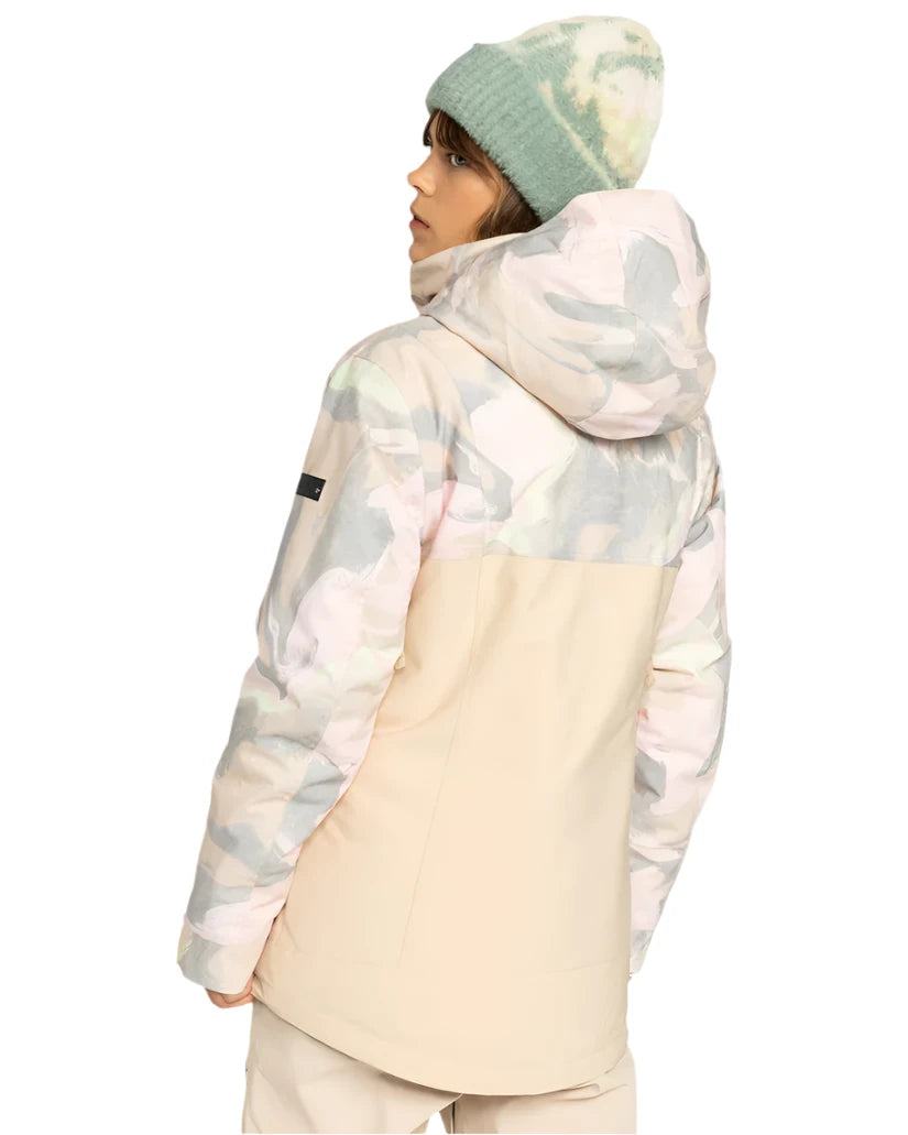 Roxy Women's Dawnrae Parka Jacket 2025 - A pastel-colored parka jacket with a hood and zippered pockets, featuring a subtle floral pattern on the upper portion.