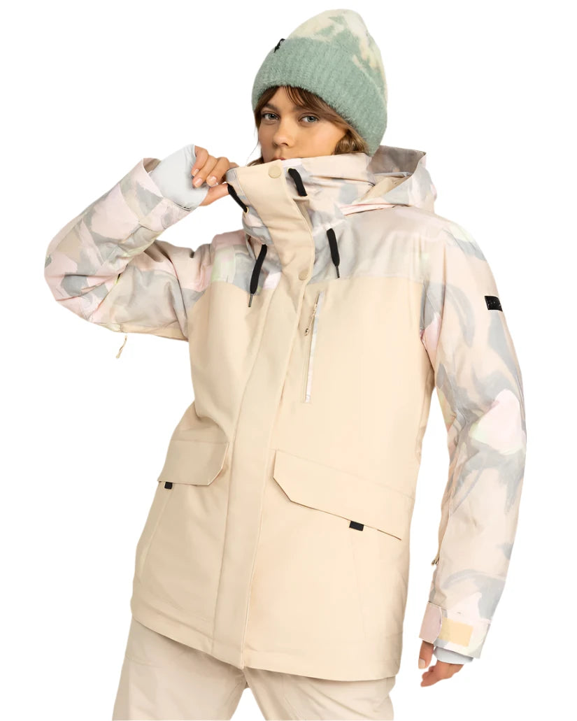 Roxy Women's Dawnrae Parka Jacket 2025 - A cream-colored parka with a subtle, abstract floral pattern in shades of pink and grey.