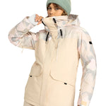 Roxy Women's Dawnrae Parka Jacket 2025 - A cream-colored parka with a subtle, abstract floral pattern in shades of pink and grey.