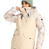 Roxy Women's Dawnrae Parka Jacket 2025 - A cream-colored parka with a subtle, abstract floral pattern in shades of pink and grey.