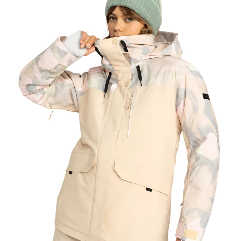 Roxy Women's Dawnrae Parka Jacket 2025 - A cream-colored parka with a subtle, abstract floral pattern in shades of pink and grey.