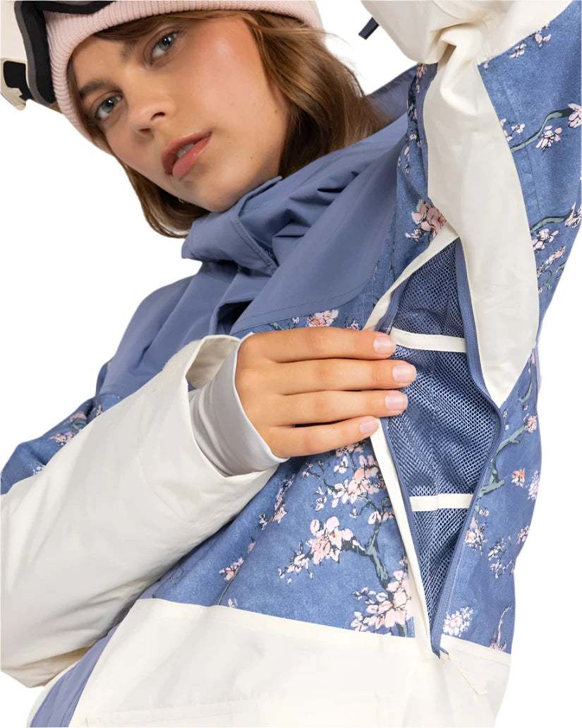 Roxy Women's Chloe Kim Parka Jacket 2025 - A blue parka jacket with a floral pattern and white accents on the sleeves, hood, and trim.
