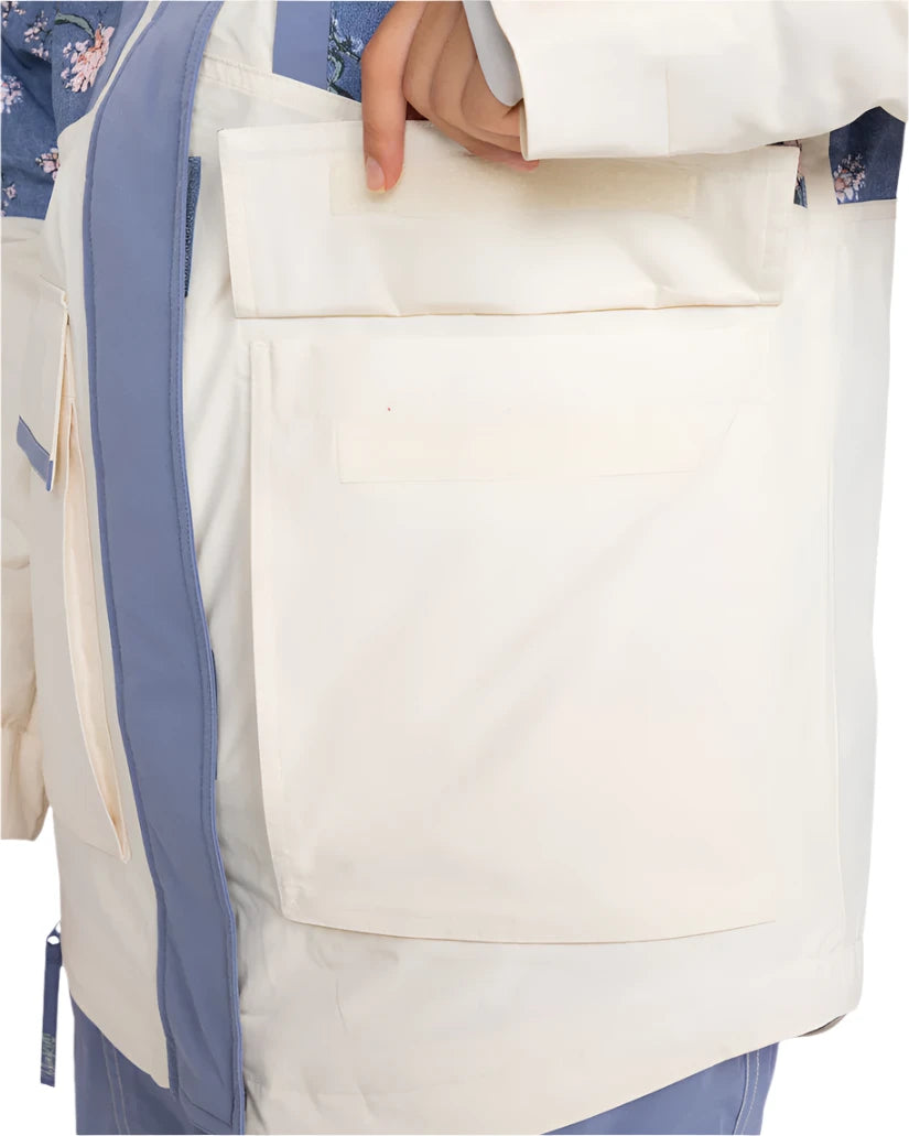 Roxy Women's Chloe Kim Parka Jacket 2025 - A cream-colored parka jacket with a blue floral pattern on the inside lining.