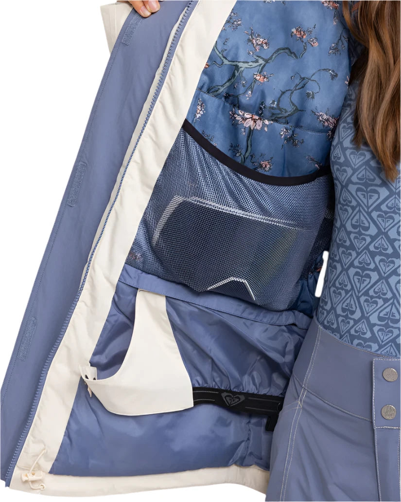 Roxy Women's Chloe Kim Parka Jacket 2025 - A blue parka jacket with a floral pattern on the upper back and hood, featuring a zip closure and two front pockets.