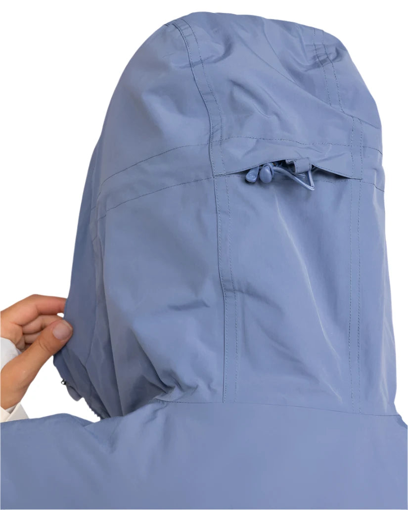 Roxy Women's Chloe Kim Parka Jacket 2025 - A light blue parka jacket with a hood and drawstring waist, featuring a zip closure and two front pockets.