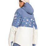 Roxy Women's Chloe Kim Parka Jacket 2025 - A blue parka jacket with a floral pattern on the upper back and hood, featuring a white stripe at the bottom.
