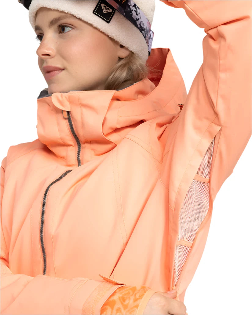 Roxy Women's Meade Insulated Jacket - A peach-colored jacket with a black zipper and a gray lining visible inside the collar.