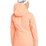 Roxy Women's Meade Insulated Jacket - A peach-colored jacket with a hood, featuring a black zipper and two zippered pockets on either side.