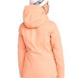 Roxy Women's Meade Insulated Jacket - A peach-colored jacket with a hood, featuring a black zipper and two zippered pockets on either side.