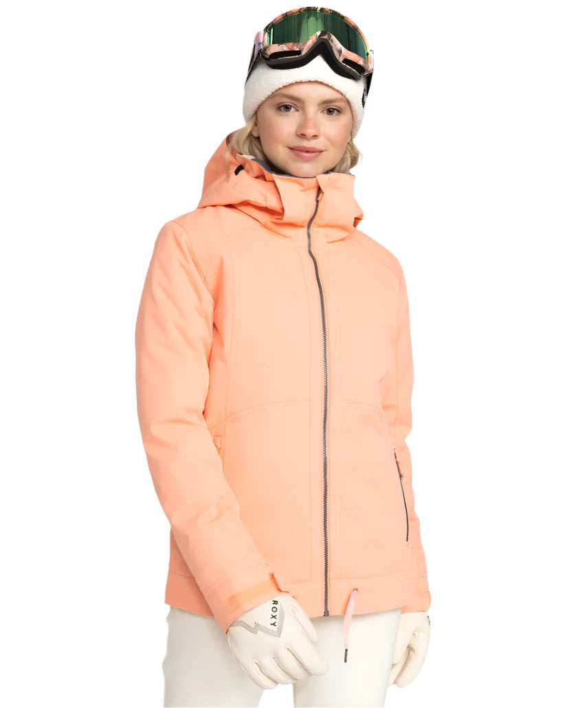 Roxy Women's Meade Insulated Jacket 2025 - A peach-colored jacket with a hood, zippered pockets and silver zipper.