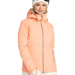 Roxy Women's Meade Insulated Jacket 2025 - A peach-colored jacket with a hood, zippered pockets and silver zipper.