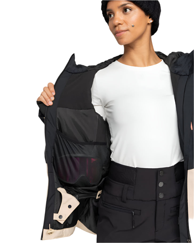 Roxy Women's Peakside Insulated Jacket - A black insulated jacket with a hood, featuring a zippered front and two side pockets.