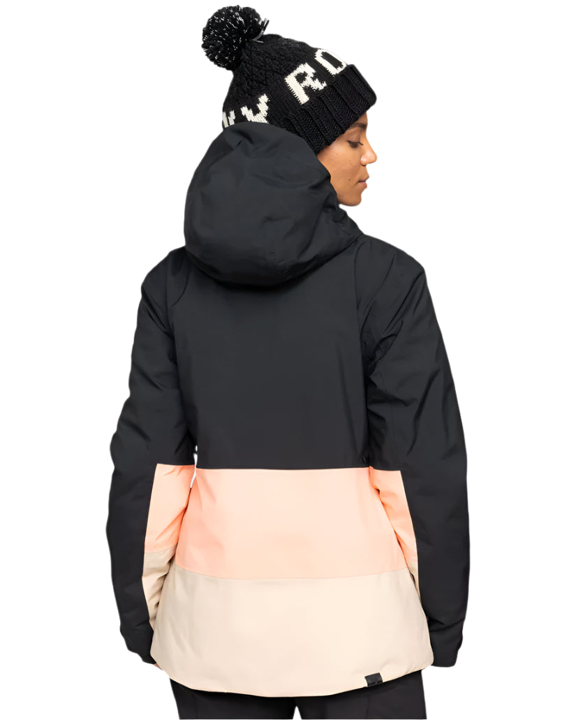 Roxy Women's Peakside Insulated Jacket 2025 - A black jacket with a hood, featuring a white and pink stripe across the lower back.