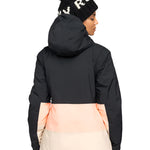 Roxy Women's Peakside Insulated Jacket 2025 - A black jacket with a hood, featuring a white and pink stripe across the lower back.