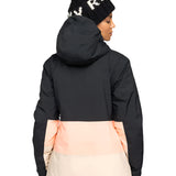 Roxy Women's Peakside Insulated Jacket 2025 - A black jacket with a hood, featuring a white and pink stripe across the lower back.