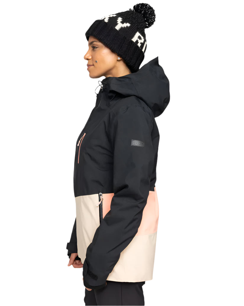 Roxy Women's Peakside Insulated Jacket 2025 - A black jacket with a zippered chest pocket and a hood, featuring a white logo on the left sleeve.