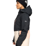 Roxy Women's Peakside Insulated Jacket 2025 - A black jacket with a zippered chest pocket and a hood, featuring a white logo on the left sleeve.