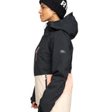 Roxy Women's Peakside Insulated Jacket 2025 - A black jacket with a zippered chest pocket and a hood, featuring a white logo on the left sleeve.