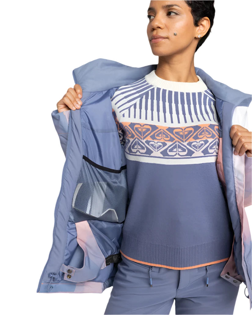 Roxy Women's Jet Ski Insulated Jacket - A blue jacket with a white zipper and black drawstrings on the hood.