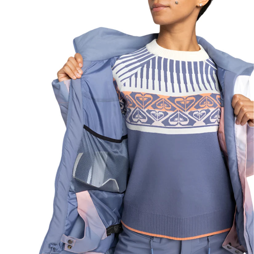 Roxy Women's Jet Ski Insulated Jacket - A blue jacket with a white zipper and black drawstrings on the hood.