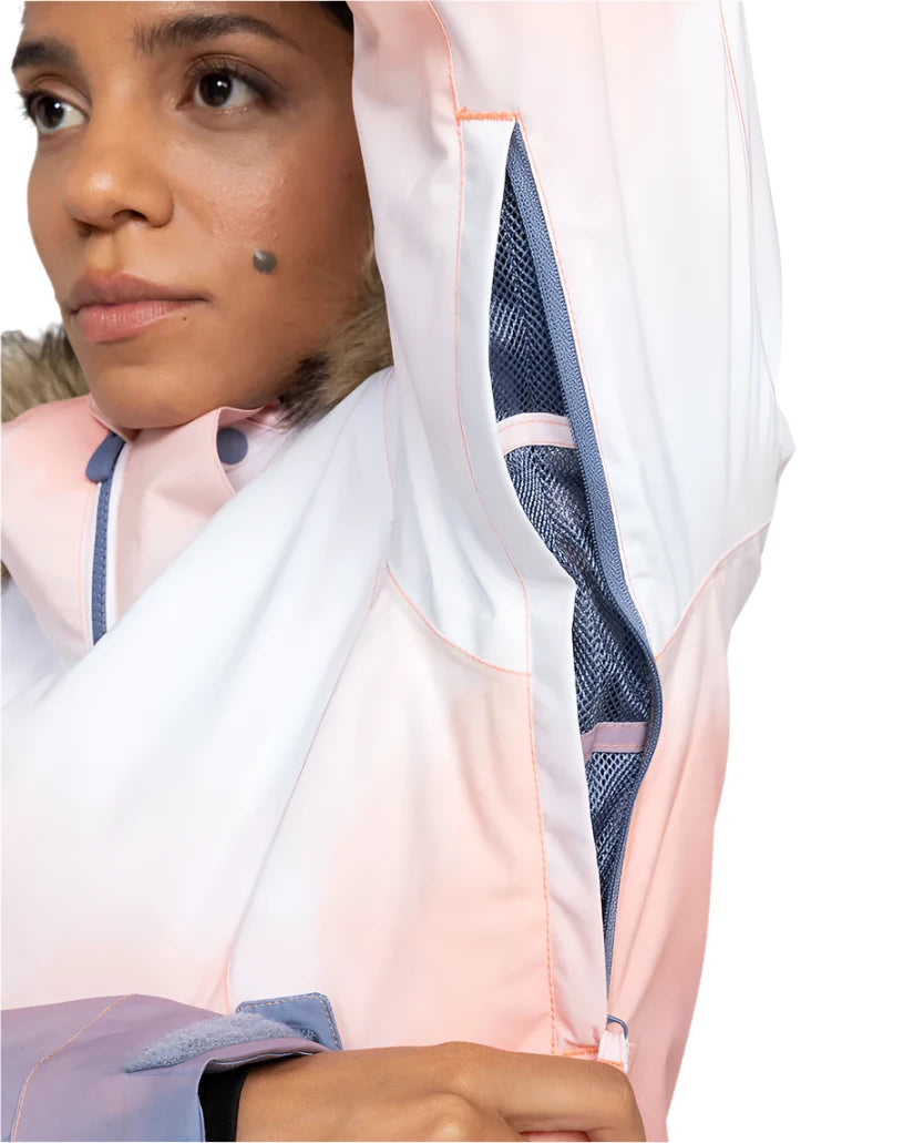 Roxy Women's Jet Ski Insulated Jacket - A woman wearing a pink and white jacket with fur trim around the hood, looking to her left.