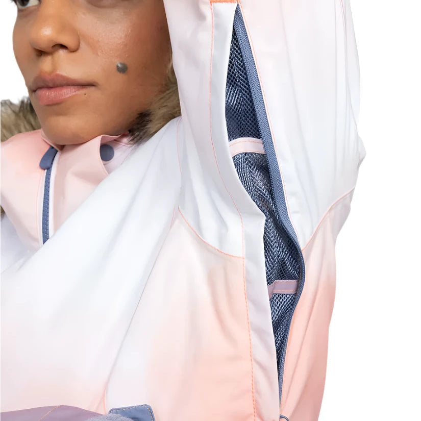 Roxy Women's Jet Ski Insulated Jacket - A woman wearing a pink and white jacket with fur trim around the hood, looking to her left.