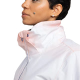 Roxy Women's Jet Ski Insulated Jacket - A woman with short black hair and a mole on her cheek is wearing this jacket, which has a light pink color with darker pink accents around the collar and down the front zipper.