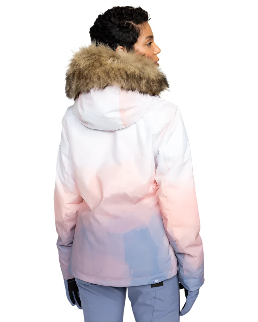 Roxy Women's Jet Ski Insulated Jacket - A white jacket with a fur-lined hood and a zippered front pocket on the left side.