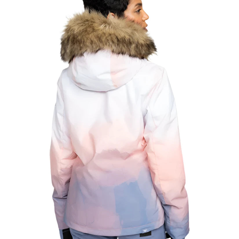 Roxy Women's Jet Ski Insulated Jacket - A white jacket with a fur-lined hood and a zippered front pocket on the left side.