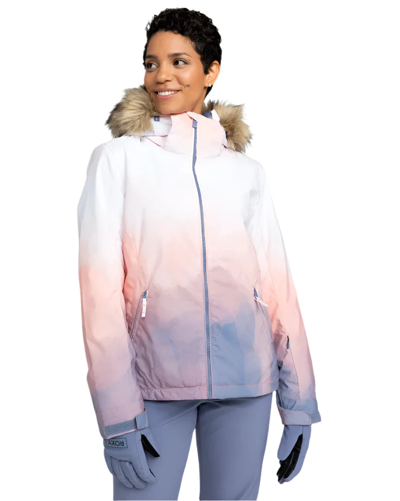Roxy Women's Jet Ski Insulated Jacket - A white jacket with a fur-lined hood and two zippered pockets on either side of the waist.